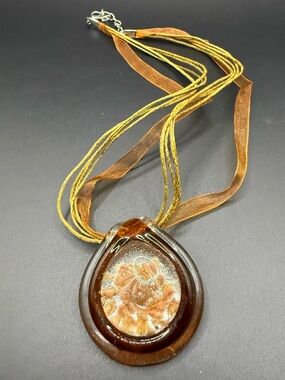 Handcrafted Brown & Gold Floral Glass Pendant Necklace